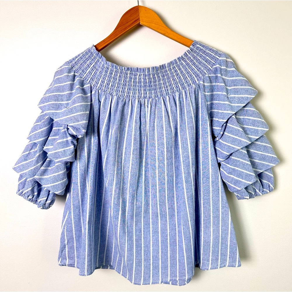 She and Sky Bow Front Detail Puff Sleeve Stripe Off the Shoulder Shirt - Picture 8 of 11
